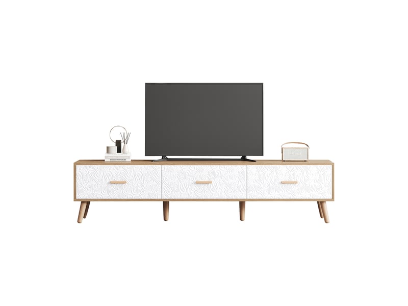  Meuble tv avec 3 tiroirs de rangement pour salon 150×39×35 cm en panneaux de particules blanc et bois clair  - Conforama A