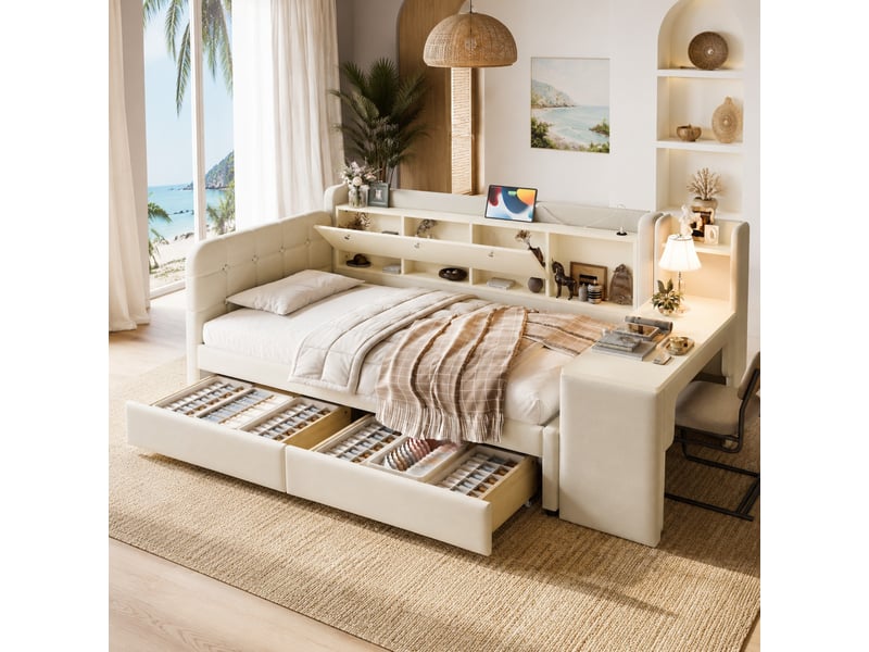  Lit simple 90x200 cm avec 2 tiroirs, bureau et ports usb et usb type c en lin beige  - Conforama C