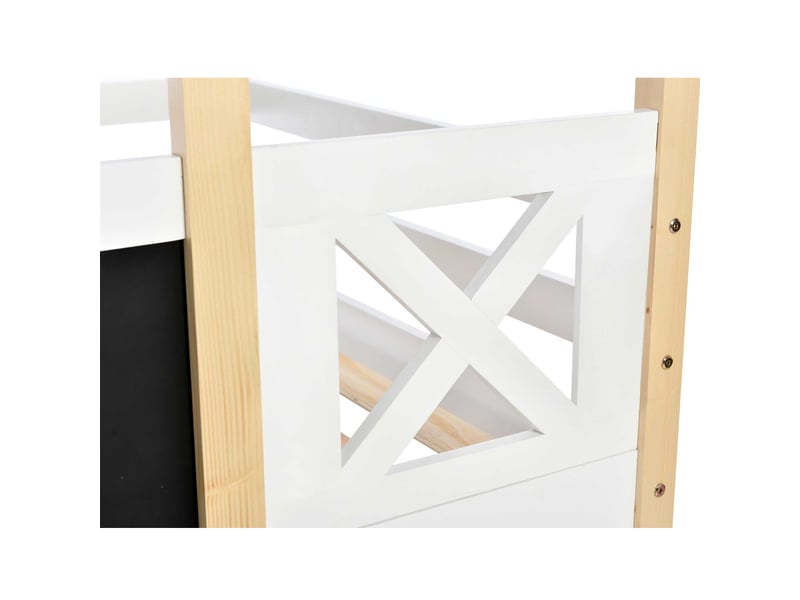 Lit superposé cabane 90x200 cm, escalier avec rangements et tableau, 2 sommiers à lattes, pin, blanc et naturel C-DEGAYUN - Conforama E