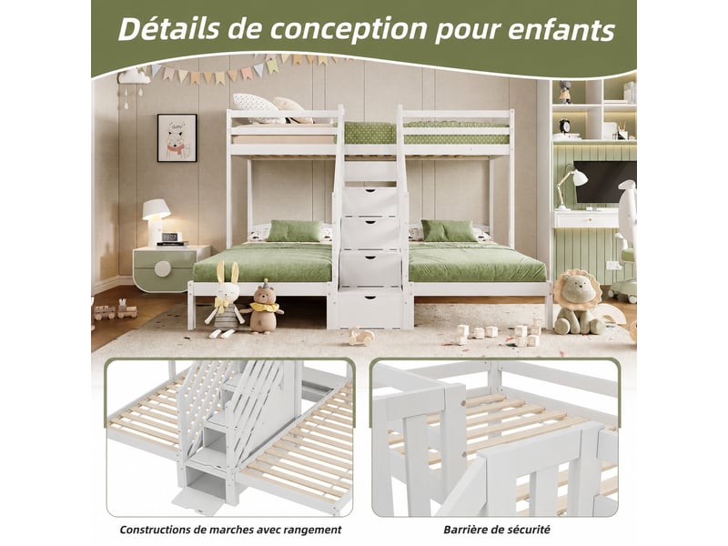Lit superposé enfant trois couchages 90 x 200 cm avec rangement et tiroirs, structure en pin et mdf, blanc - Conforama R
