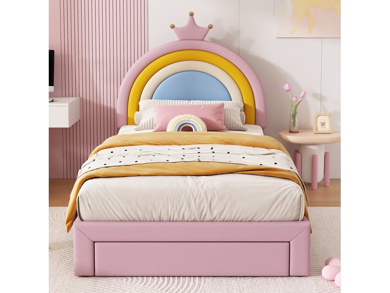  Lit enfant 90x200 cm avec tiroir, tête de lit réglable rose  - Conforama B