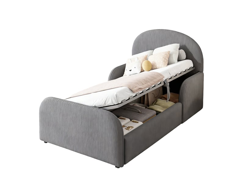  Lit enfant 90x200 cm avec coffre hydraulique, sommier à lattes et barrières gris  - Conforama A