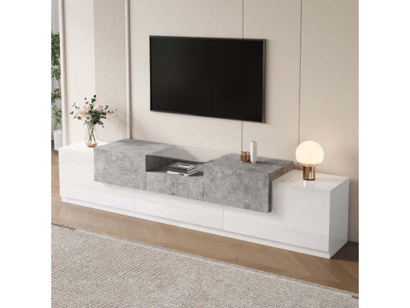 Meuble tv blancgris ciment plateau verre trempé tiroir central portes porte pliante câbles et charnières amorties - Conforama E