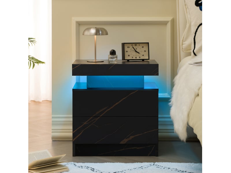  Table de chevet led moderne noire et dorée – 2 tiroirs – 50 × 53 × 36 cm  - Conforama B