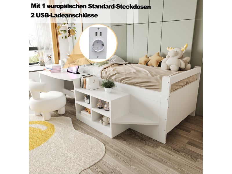  Lit enfant 90x200 cm blanc avec bureau et rangements - lit simple en bois  - Conforama R