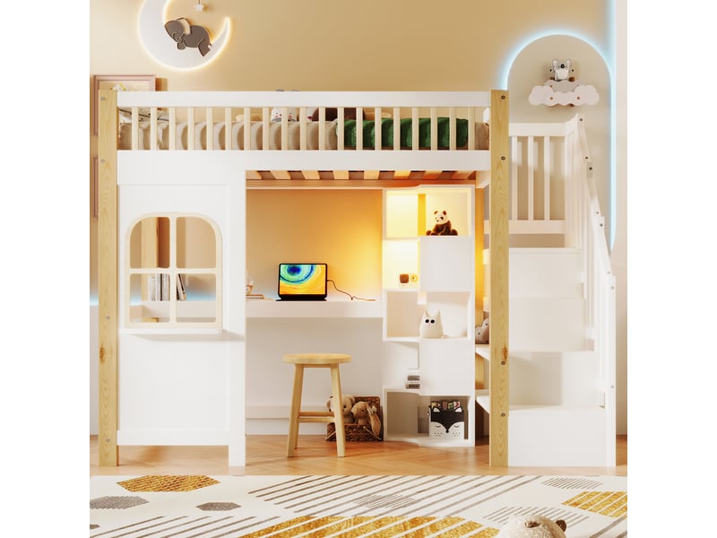 Lit mezzanine ado 90x200 cm avec led et bureau intégré - escalier de rangement pratique - sans matelas - blanc + naturel - Conforama B