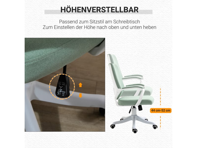  Chaise de bureau ergonomique avec accoudoirs, pivotante, réglable en hauteur, fonction bascule, rembourrée, aspect lin, verte et blanche  - Conforama E