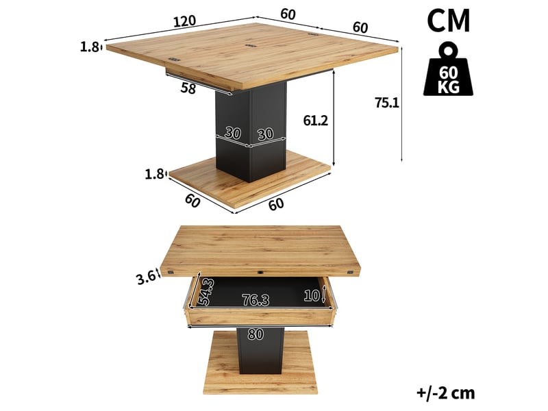 Table à manger extensible 60-120x120x75.1cm avec rangement, plateau rabattable et piètement carré, pour cuisine et salle à manger, naturel evarich - Conforama C