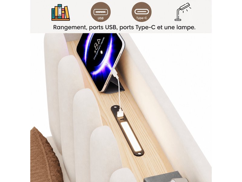  Lit enfant rembourré 90x200cm avec tête de lit rangement,usb,type-c et lampe de lecture,lit avec sommier à lattes,velours,beige  - Conforama E