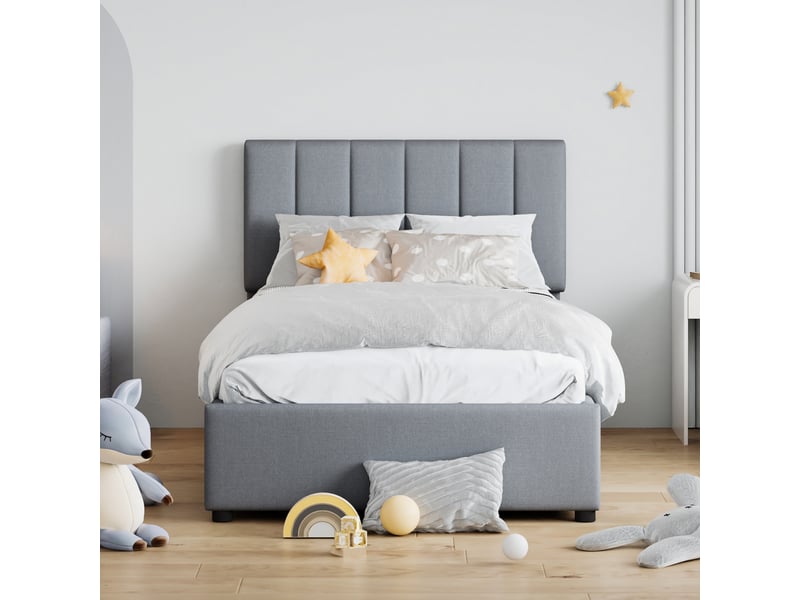 Lit enfant rembourré 90x200 cm avec coffre hydraulique et tête de lit réglable gris - Conforama D