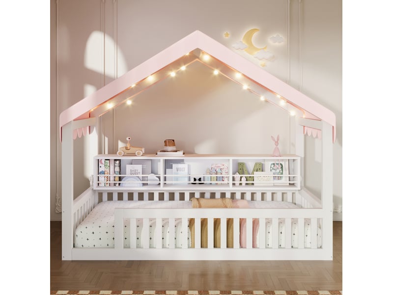 Lit cabane enfant 90x200 cm avec baldaquin, rangement livre, garde-corps, guirlande led, mdf et pin, blanc sans matelas  - Conforama B