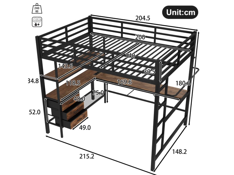  Lit mezzanine 140 x 200 cm noir avec bureau, éclairage led, prise et port usb, rangements  - Conforama C