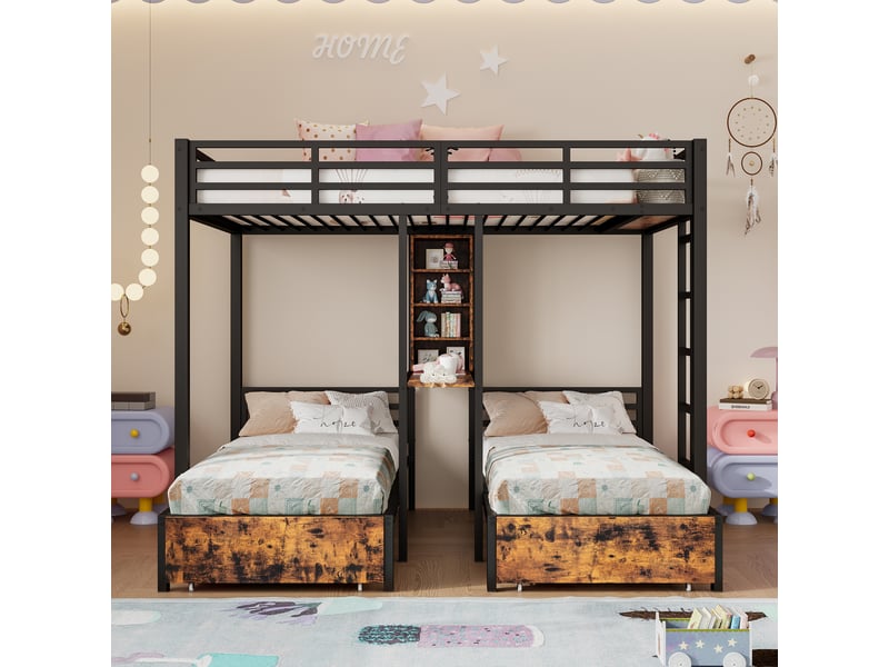  Lits superposés enfant 140x200 cm+90x200 cm, tiroirs, table, étagère, sommiers, métal noir, sans matelas  - Conforama B