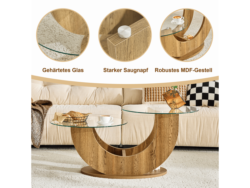  Table basse design demi-circulaire, deux plateaux en verre trempé  - Conforama C
