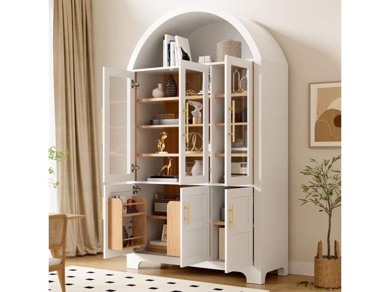  Buffet haut 110x40x185cm, 3 vitrines en verre, 3 compartiments fermés, étagères réglables, niche arrondie, mdf et panneaux de particules, blanc ABC - Conforama E
