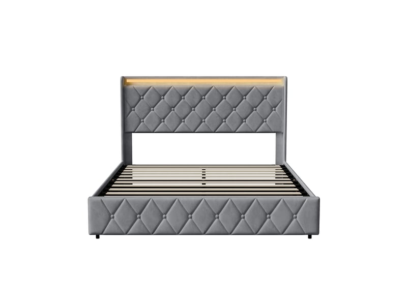 Cadre de lit 140x200 cm avec rangement sous lit à vérin pneumatique, tête de lit rembourrée en velours gris foncé, éclairage led rgb, ports usb et type-c, lit adulte design moderne - Conforama W