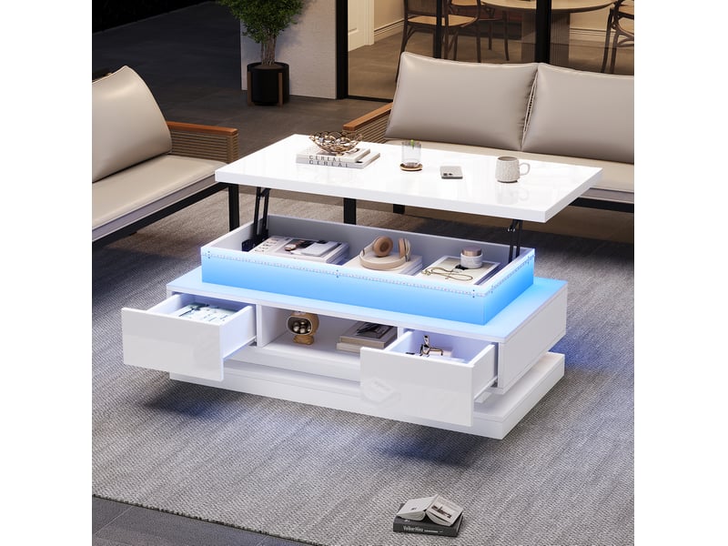  Table basse relevable 100x50x40 cm led avec 2 tiroirs en panneaux de particules blancs  - Conforama D