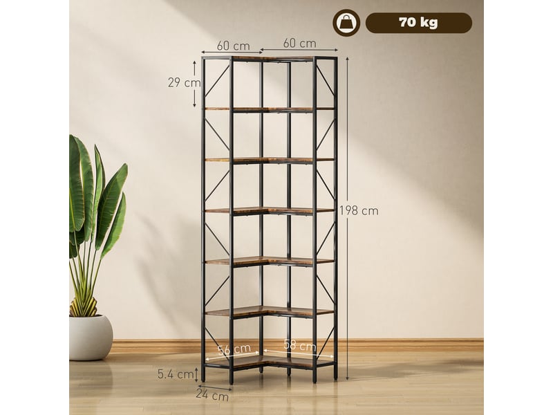  Bibliothèque d'angle industrielle à 7 niveaux, bois et acier, 60 x 60 x 198 cm, marron rustique  - Conforama E