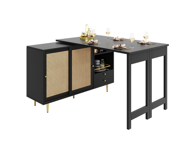 Table de bar pivotante extensible avec 2 portes coulissantes en rotin,étagère de rangement ouverte et pieds en métal doré,noir table de bar noir - Conforama A