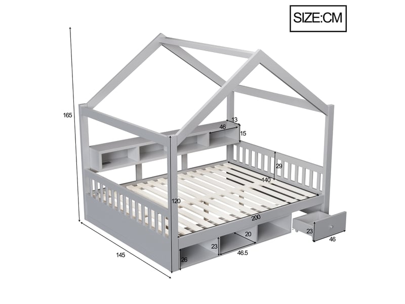 Lit 140x200 cm avec cadre en toit, rangements, éclairage et prises, pour chambre, en bois et mdf, gris, sans matelas - Conforama C
