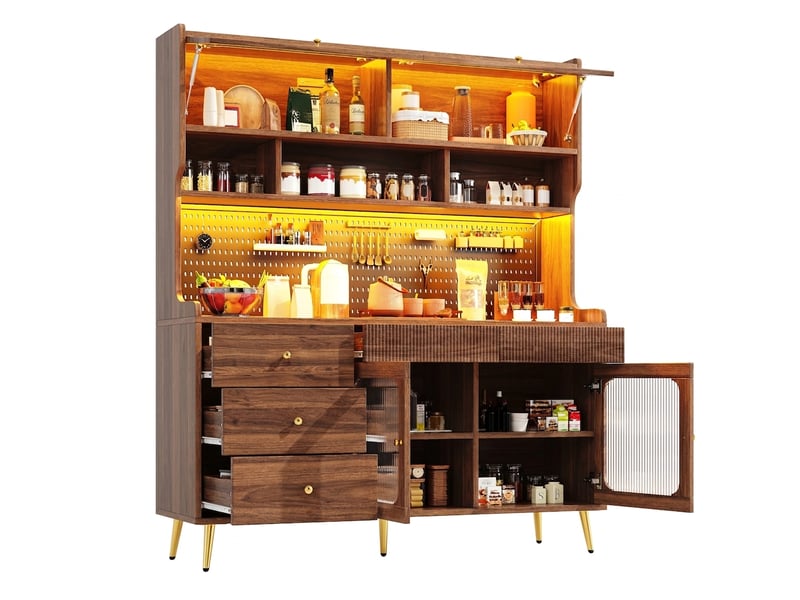  Buffet de cuisine haut noyer 145x39x171 cm avec led et porte relevable, meuble étroit  - Conforama A