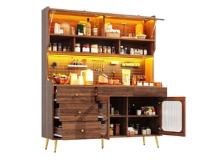 Buffet de cuisine haut noyer 145x39x171 cm avec led et porte relevable, meuble étroit