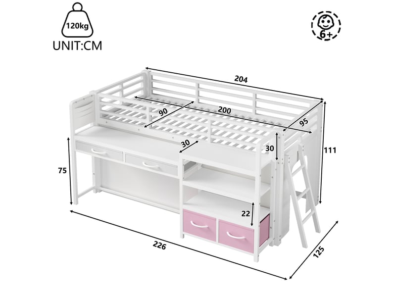 Lit mezzanine enfant 90x200 cm – blanc – bureau, étagères, tiroirs en tissu, led multicolore - sans matelas - Conforama C
