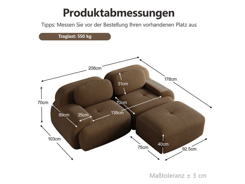 Canapé d'angle 208x178x70 cm en velours côtelé marron, modulable sans montage - Conforama D