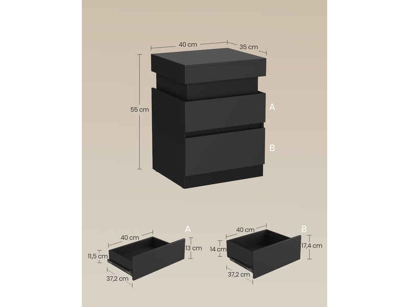  Table de chevet moderne avec 2 tiroirs et couvercle coulissant 35 x 40 x 55 cm en panneau mdf noir d'encre 12_0012777  - Conforama B