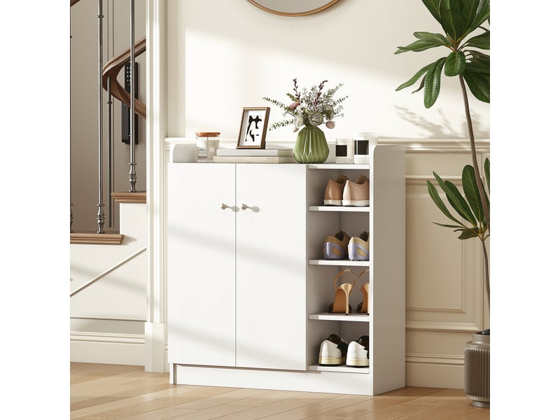  Meuble rangement chaussures entrée pour 12 paires, 4 compartiments ouverts, placard double porte, étagères réglables, 83x30x90 cm, blanc  - Conforama C