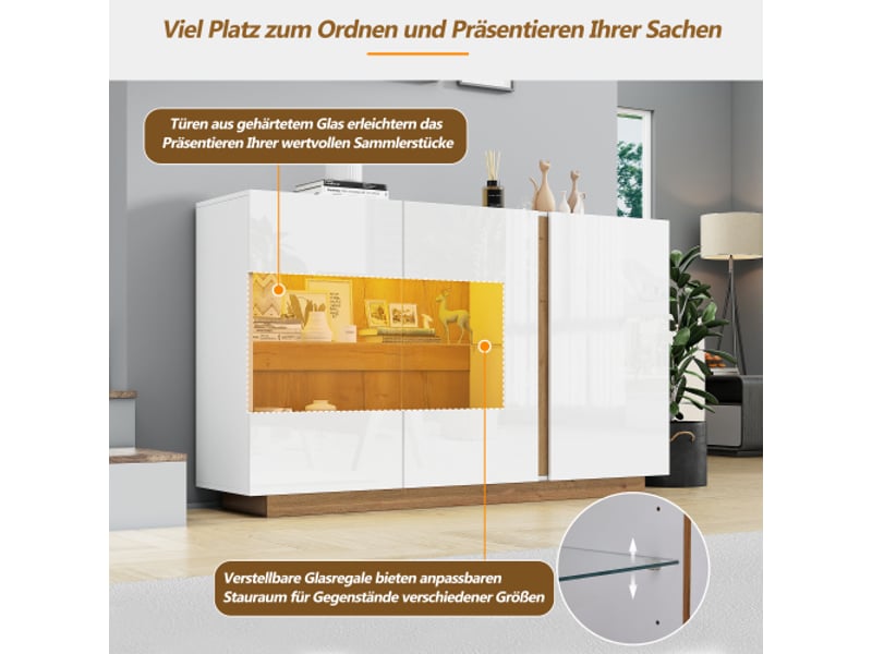  Buffet commode haute brillance, panneaux de particules blancs avec verre, base en bois, commode armoire de couloir 138*38*90.5cm  - Conforama C