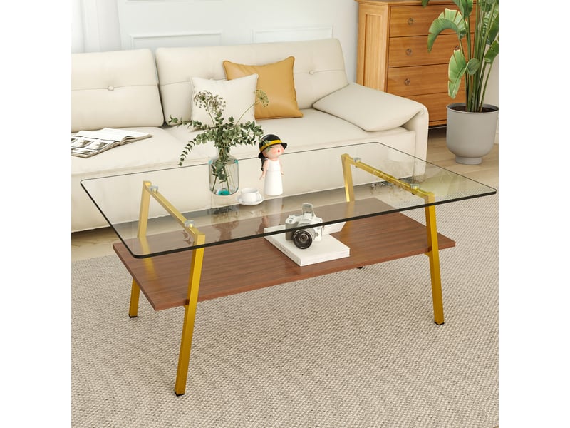  Table basse rectangulaire 98x58x42.5 cm en verre trempé, mdf et métal doré  - Conforama D