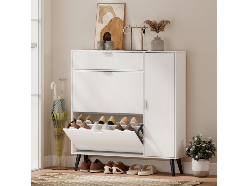  Meuble à chaussures étroit blanc, 2 abattants effet cuir litchi, étagères réglables  - Conforama C