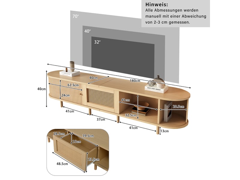  Meuble tv avec 2 portes coulissantes, 1 tiroir et niche ouverte, pieds réglables, 180×40×40 cm en mdf naturel  - Conforama D