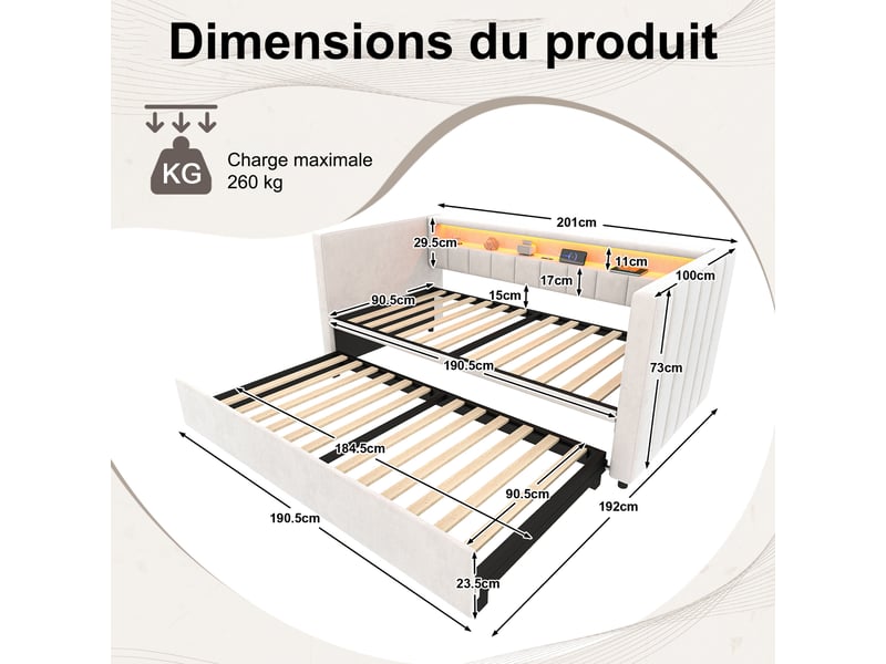  Lit gigogne 90x190 cm beige avec rangement, led et port usb type-c, design capitonné en velours  - Conforama C