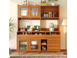 Buffet haut 145x39x171 cm, porte en verre strié, rangement multicouche, mdf, marron noyer
