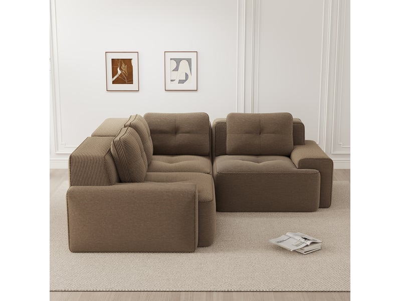 Canapé d'angle fixe 3 places modulable en velours côtelé marron 206 × 206 cm, sans montage pour le salon - Conforama B