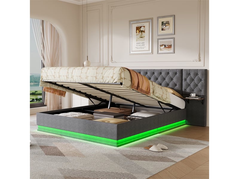  Lit 160x200cm - lit coffre 160x200 - lit double led avec tête de lit large et tables de chevet intégrées - en lin gris  - Conforama D
