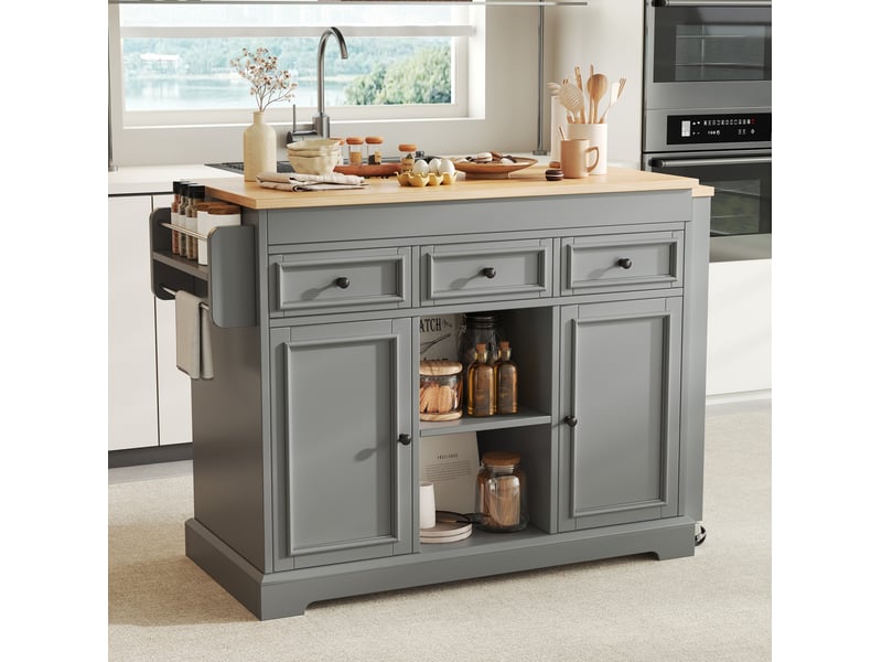  Desserte de cuisine mobile avec 2 portes, 3 tiroirs, rangement ouvert et plateau extensible pour cuisine en mdf gris  - Conforama B