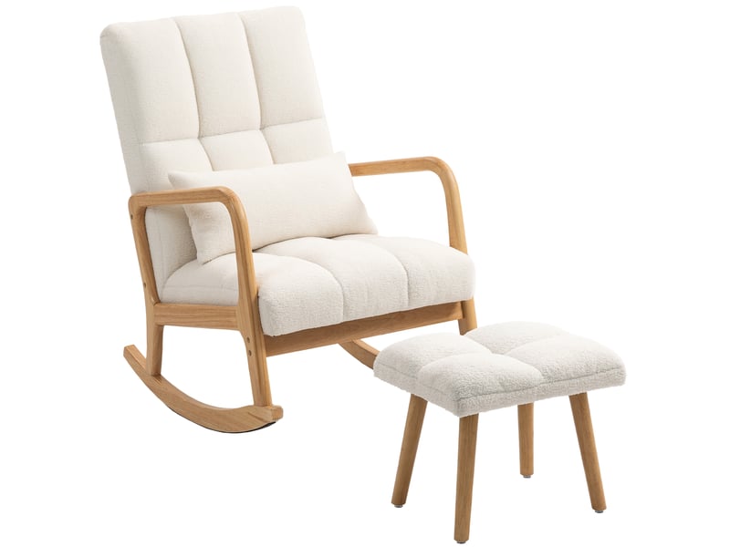  Fauteuil à bascule avec repose-pieds, revêtement polaire, dossier haut, pieds en bois, patins de protection, blanc  - Conforama A