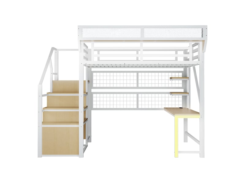  Lit mezzanine métal 140 x 200 cm - bureau, étagères et filets de rangement - échelle sécurisée, éclairage led et prise intégrée - finition laquée blanche  - Conforama A