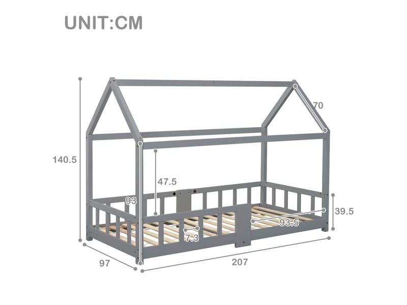 Lit enfant cabane 90 x 200 cm avec sommier, barrières et tableau, gris - Conforama C