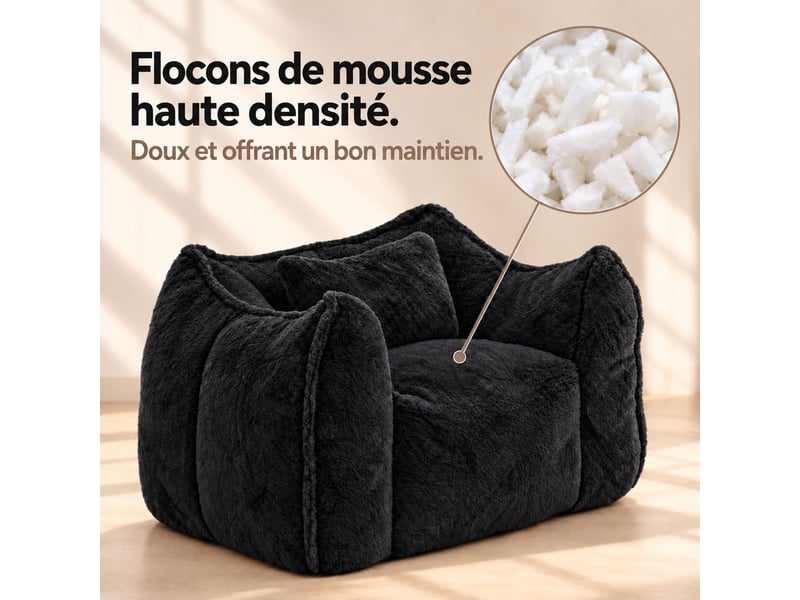  Fauteuil pouf paresseux en fausse fourrure, sans montage, rempli de mousse déchiquetée haute densité, design ergonomique,noir  - Conforama C