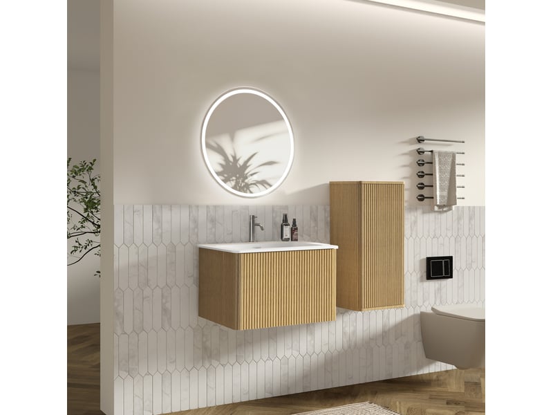  Meuble rangement salle de bain suspendu avec miroir led et lavabo coloris chene homvra  - Conforama B