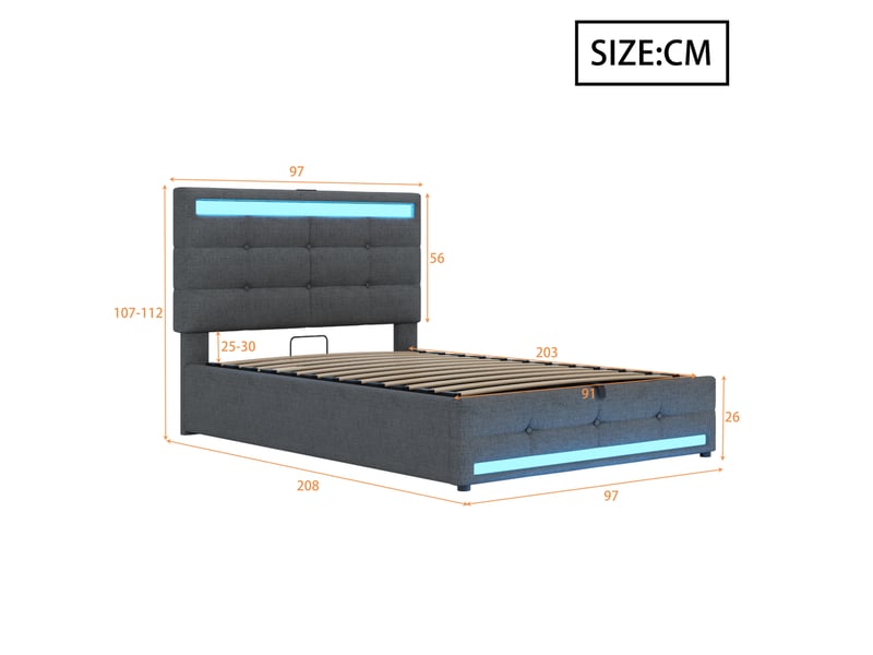  Lit coffre 90x200 cm, en mdf, éclairage led rgb, usb et tête de lit réglable, gris, sans matelas  - Conforama C
