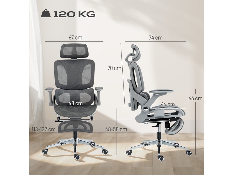  Chaise de bureau ergonomique, chaise d'ordinateur en maille avec dossier indépendant, soutien lombaire, accoudoirs rabattables 4d, grise  - Conforama E