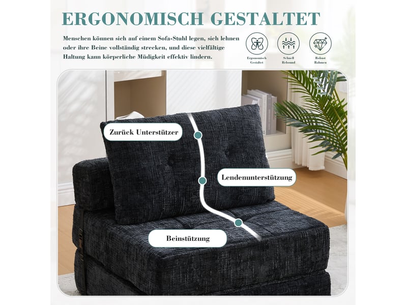  Canapé droit 79x79x57 cm, coussin, canapé simple, pour salon, chambre et bureau, confort doux, tissu chenille, noir  - Conforama D