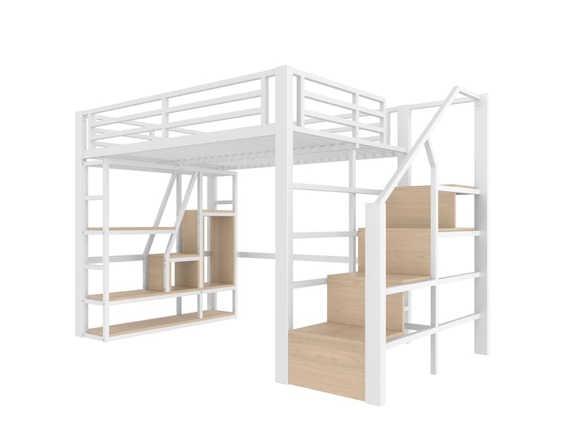  Lit surélevé 140 x 200 cm blanc, led, marches intégrées, garde-corps, échelle, sans matelas, métal et mdf  - Conforama A