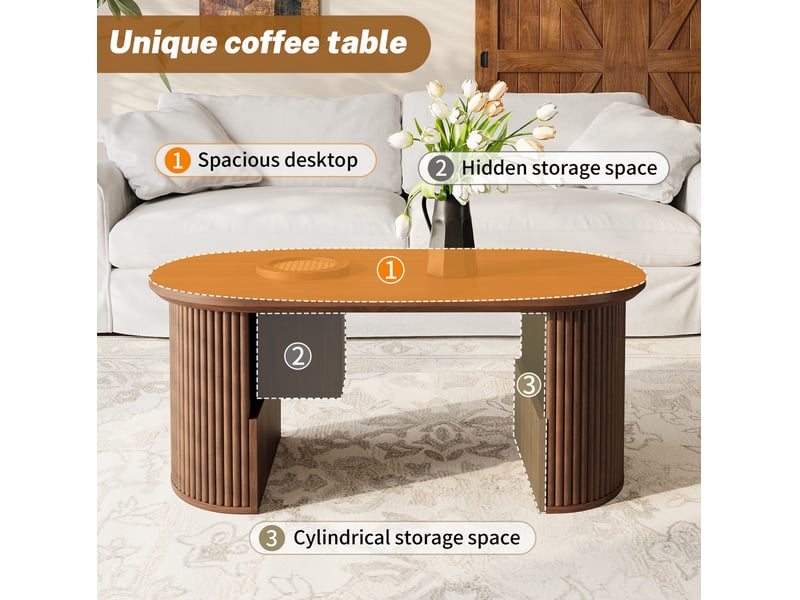  Table basse ovale avec niches de rangement et étagères ouvertes, design rétro, pour salon, 105 × 50 × 46,5 cm  - Conforama E