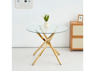 Table à manger ronde moderne, verre trempé et pieds dorés, 80 × 80 × 76 cm, style minimaliste